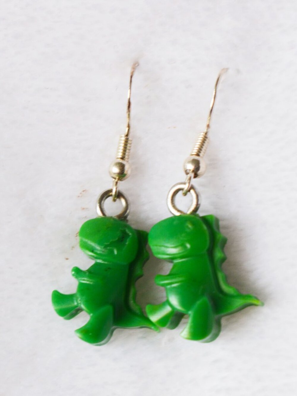 Handmade Green HDPE T-Rex Dinosaur Dangle Earrings Recycled Jewelry - Picture 2 of 4